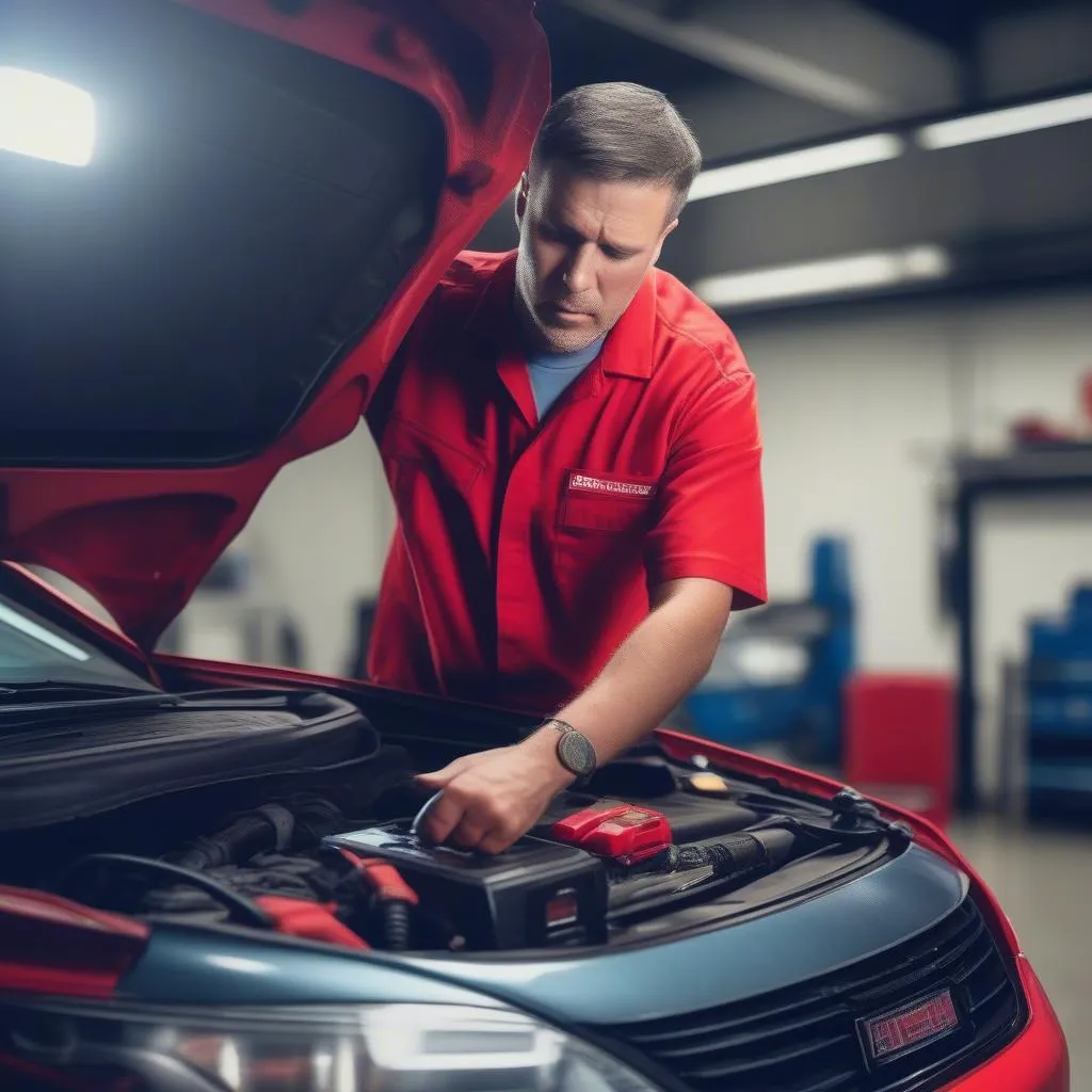 Mechanic diagnosing a car with a scan tool